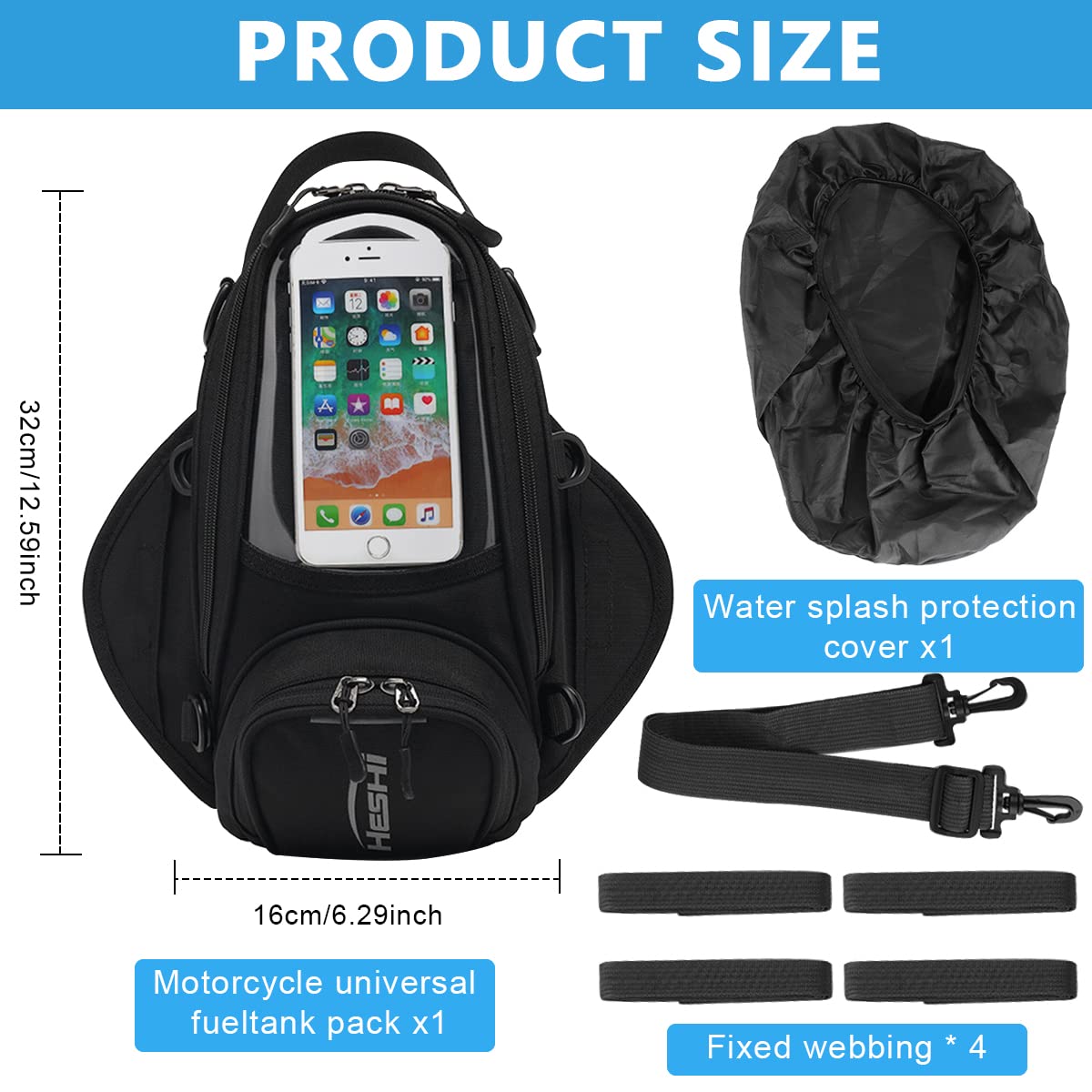 Optifit Tank Bag for Bike Riding with Rain Cover and Large TPU Touchscreen Window for Phone, Large Capacity and Waterproof Oxford-Cloth Motorcycle Tank Bag for All Motorcycles with Metal Tank
