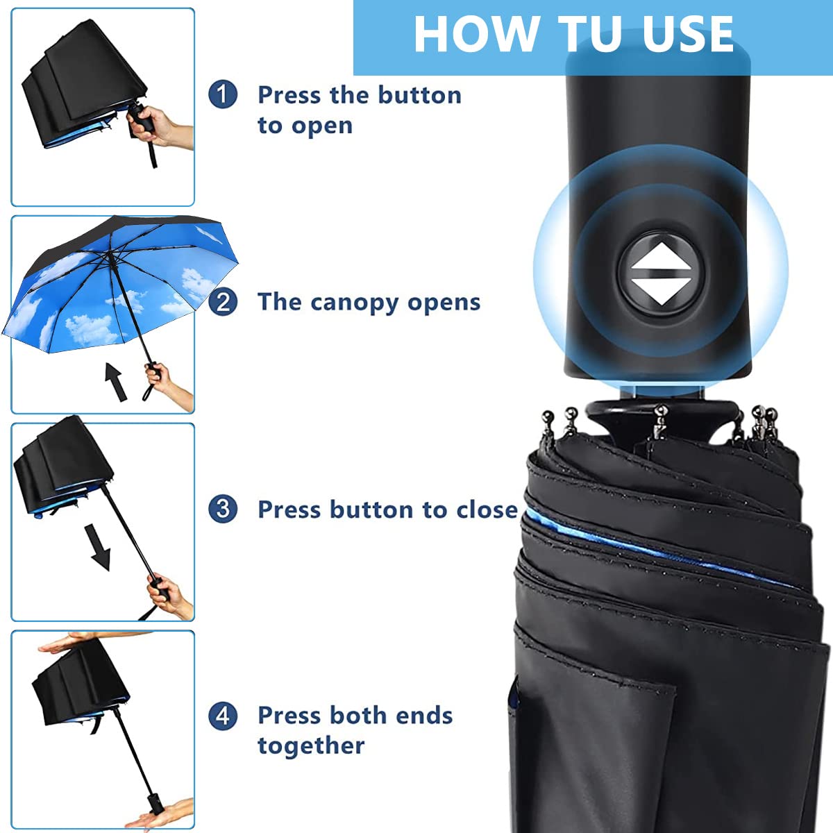 PALAY Automatic Folding Travel Umbrella Windproof Strong 8 Ribs UV Protection Black Compact Umbrella for Women, Lightweight 3-fold Umbrella with Polyester Coating for Travel (Sky)