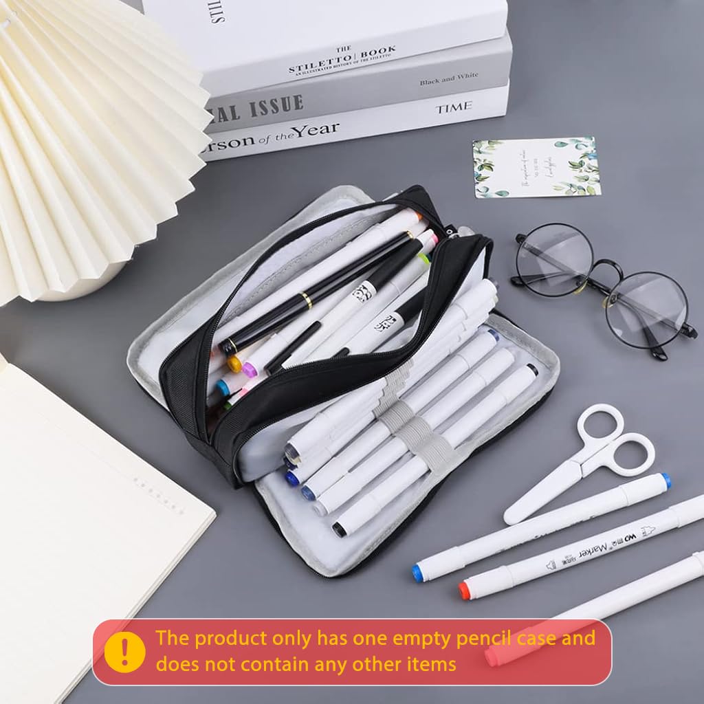 Climberty Large Capacity Pencil Case, 3 Compartment Pouch Pen Bag with 8 Elastic Pen Sleeves, 3 Zipper Portable Storage Pencil Pouch for School Teen Girl Boy Men Women (Black)