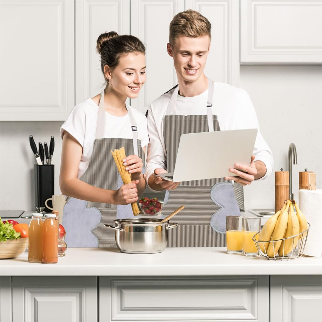 ZIBUYU Kitchen Apron with Pocket Fashion Stripy Apron Oil-proof PVC Cooking Apron with Water Absorbent Coral Plush Patches for Hand Wiping Adjustable Neck Strap Design Women Men Kitchen Apron