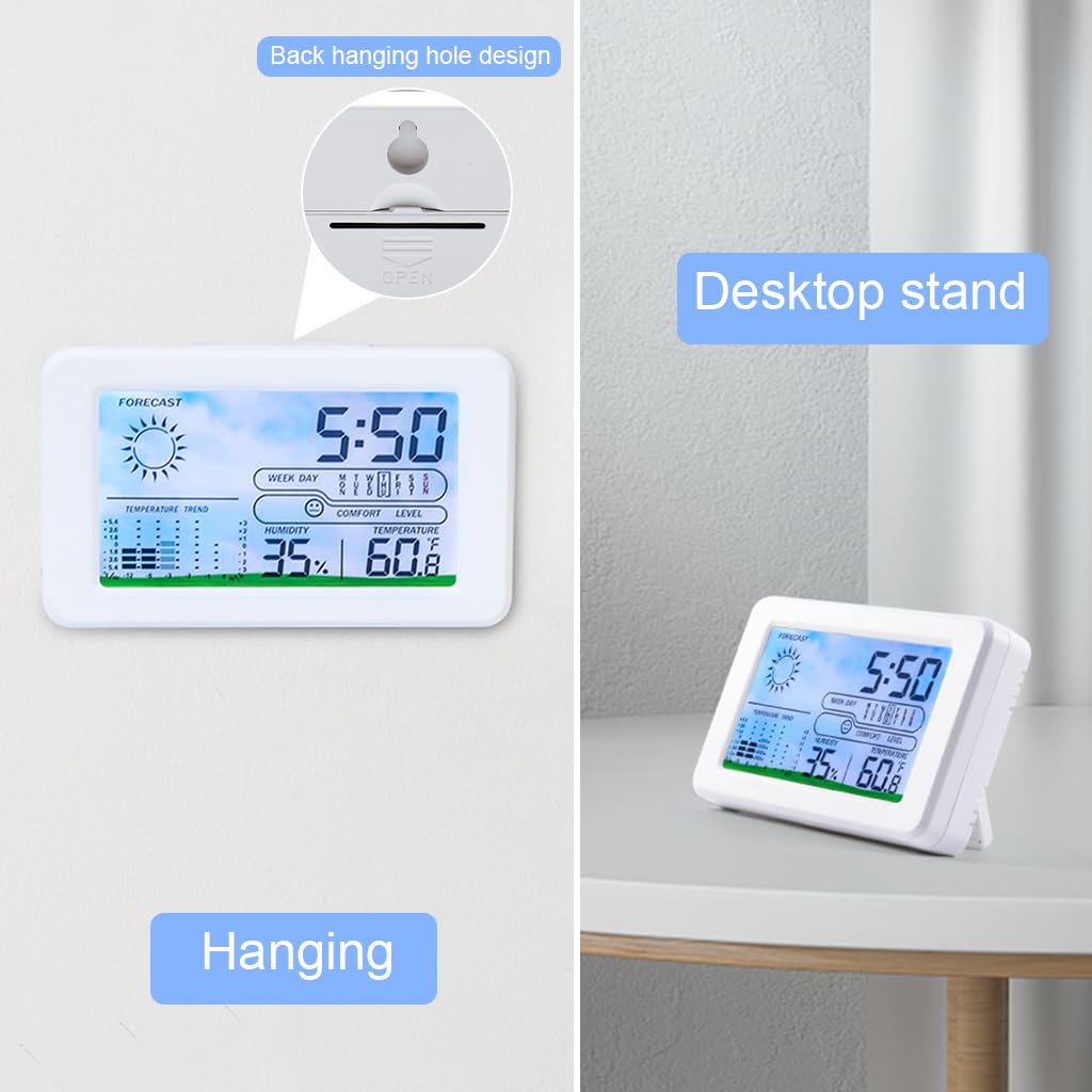 HASTHIP LCD Digital Thermometer Hygrometer Backlight LCD Digital Temperature Battery Operated Hygrometer with Weather Stataion, Alarm Clock, Desk Thermometer Hygrometer for Home, Office