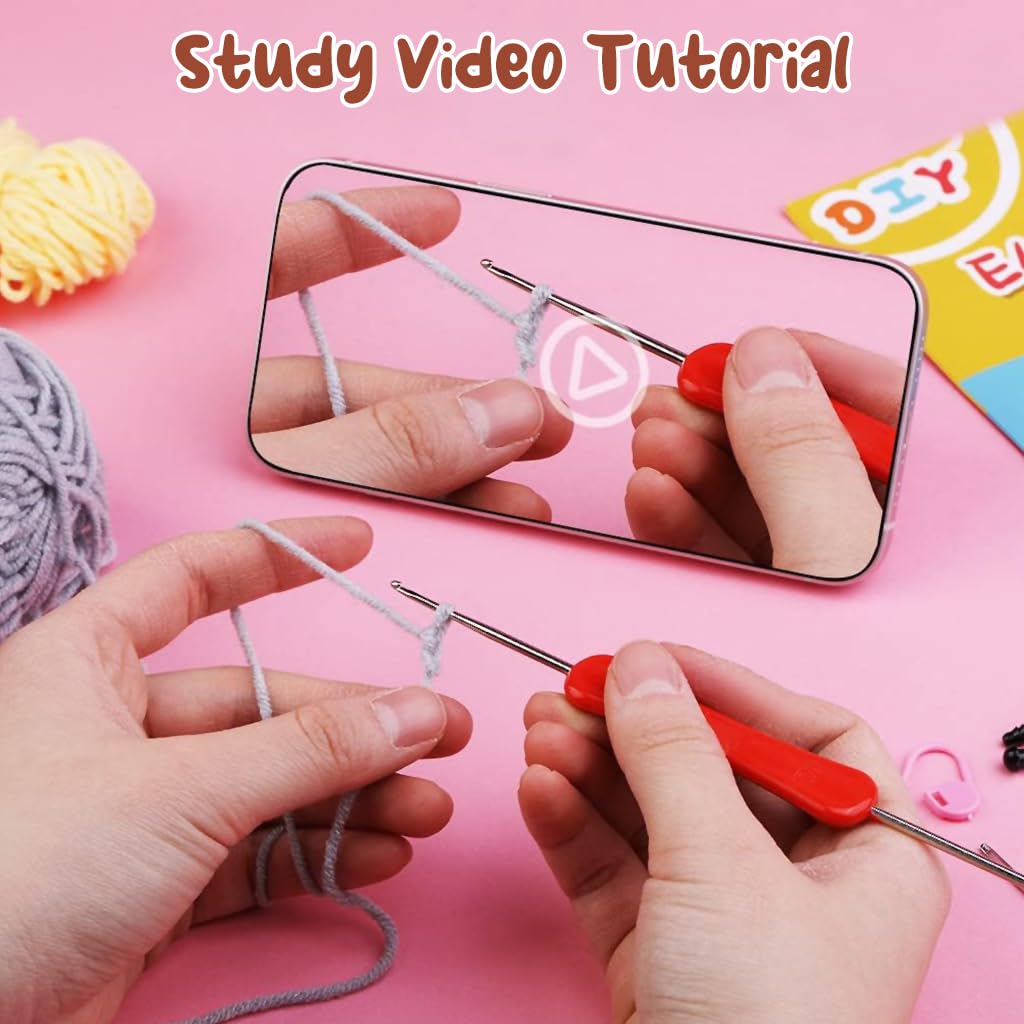 PATPAT Crochet Stuffed Animal Kit Crochet Kit for Beginners DIY Knitting Kit Full Set Crochet Starter Kit with Yarn, Polyester Fiber, Crochet Hooks, Tutorial Video, Kids Christmas Gifts (Elephant)