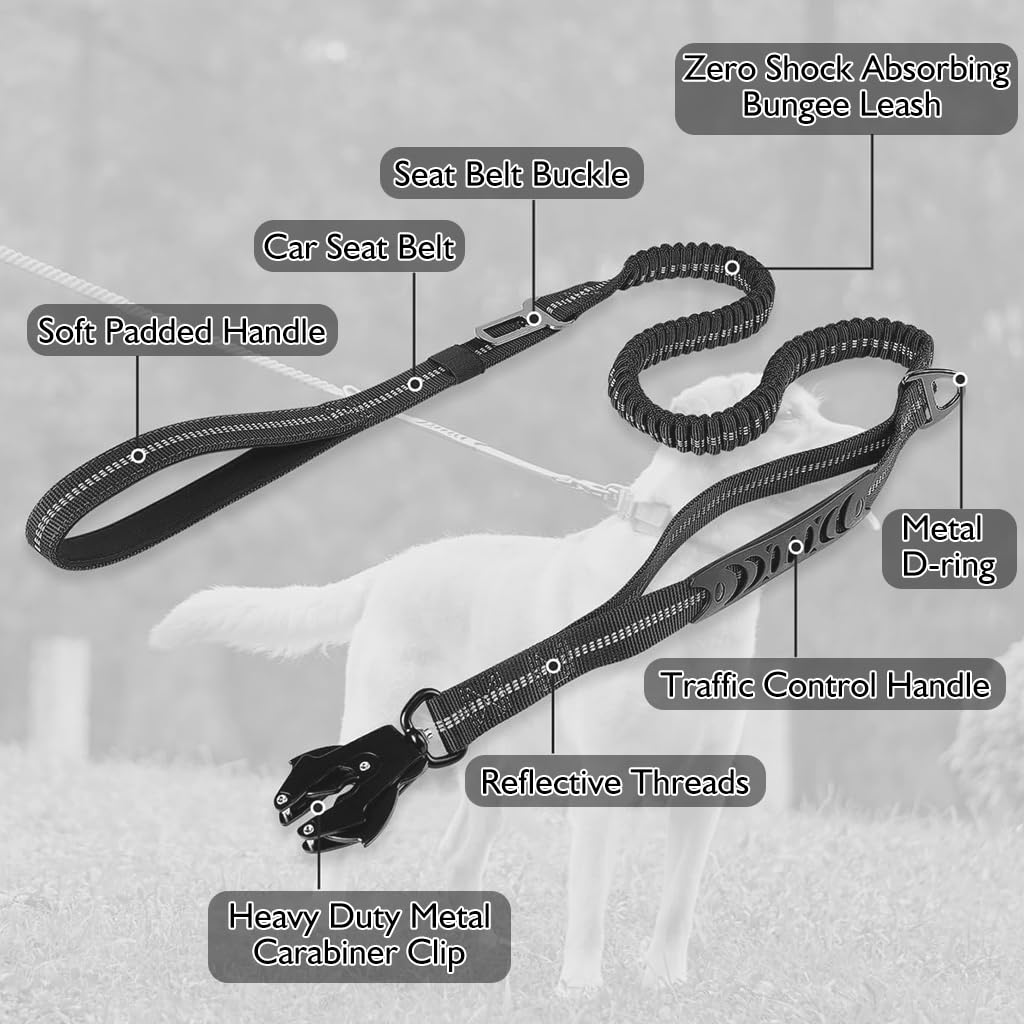 Qpets Tactical Dog Belt Seat Belt, Adjustable Dog Leash with Car Seat Belt Buckle, Safety Dog Seatbelts with 2 Control Handles, Elastic Dog Harness for Medium Large Dog, Reflective(Black)