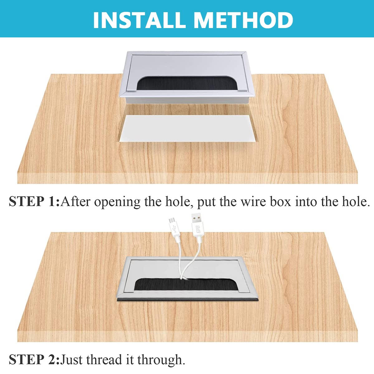 HASTHIP Rectangular Wire Cable Hole Cover with Dust-Proof Brush, Aluminum Metal Cable Organizer, Wire Manager for Table, Desk Hole Cap for Office and Computer Desks (160mm*80mm, Silver)