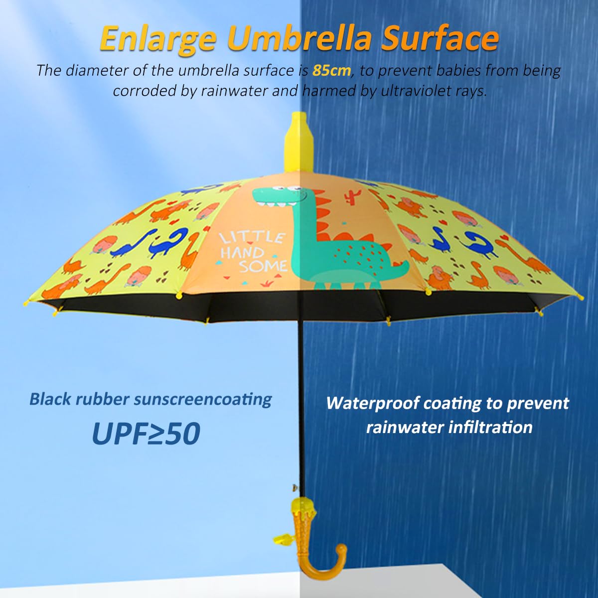PATPAT Kids Umbrella for Sun & Rain UPF 50+ Black Coating Lining Design Strengthed 8-Ribbed Windproof Umbrella Travel Lightweight Umbrella for Kids Cartoon Dinosaur Print Umbrella