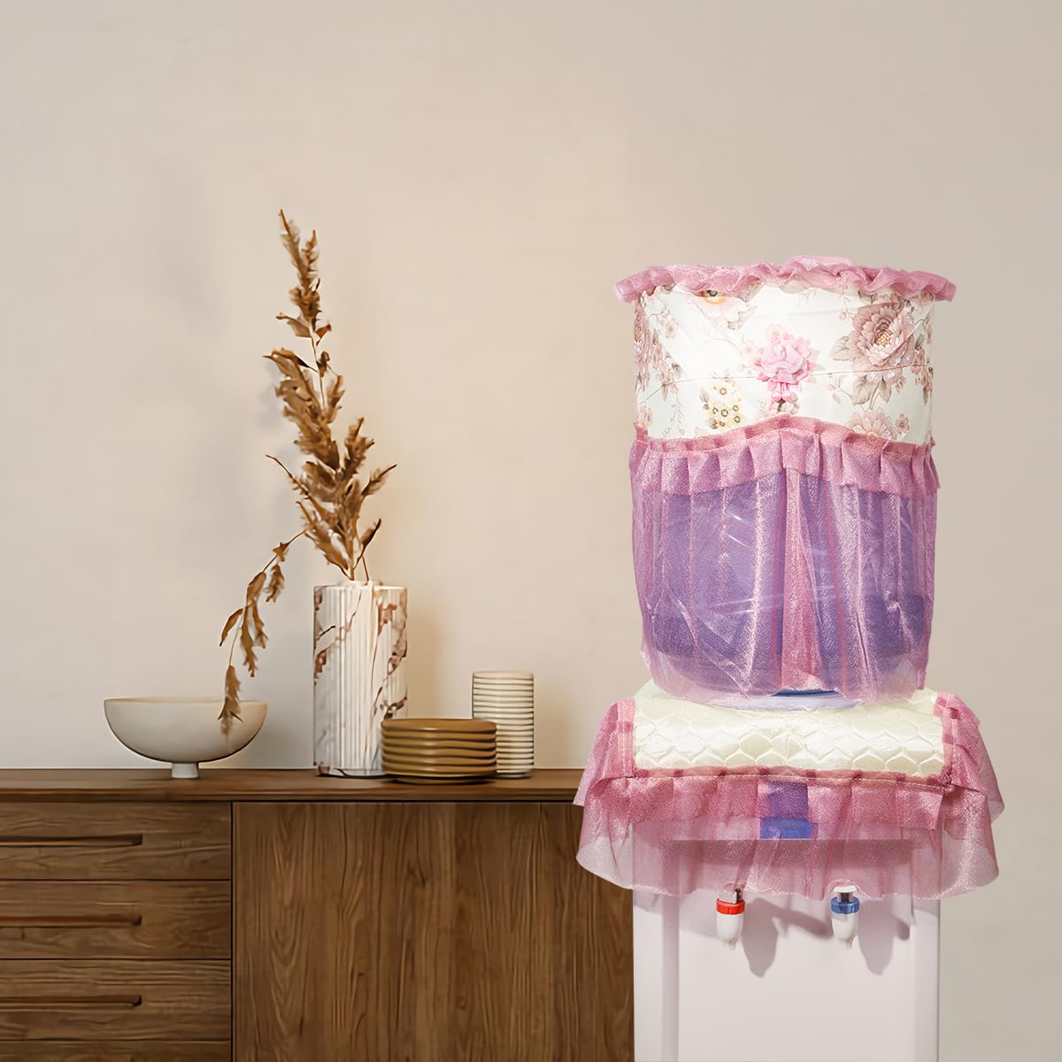 HASTHIP Set of 2 Rose Flower Lace Dustproof Cover for 20L Water Gallon Dispenser Pink Floral Lace Dustproof Cover for Water Cooler Home Decor Floral Lace Water Cooler Cover