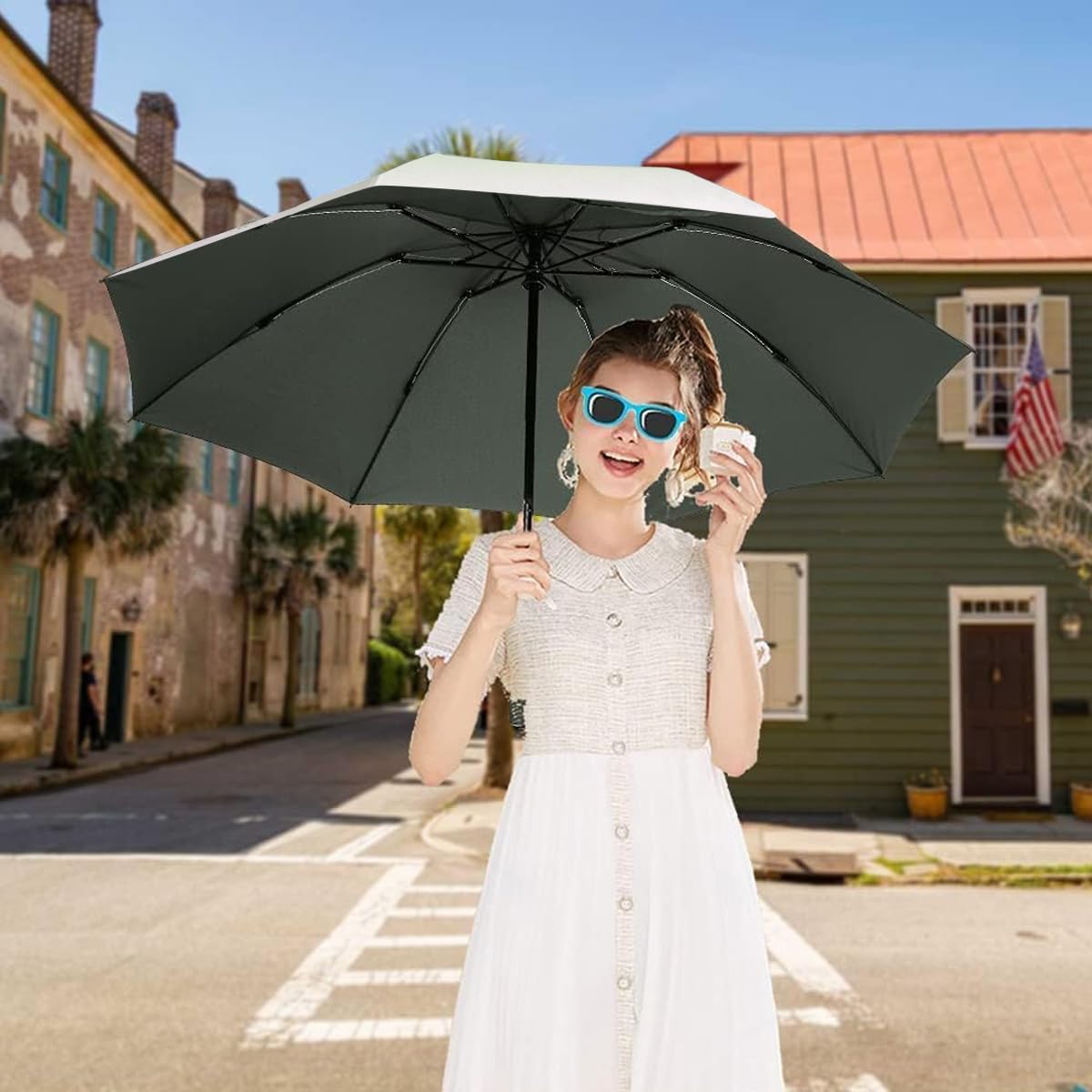 PALAY Automatic Folding Umbrella for Women Rain & Sun Proof, UV Umbrella with 8 Strong Fiber Ribs, Gradient Modern Style Umbrella for Travel, UPF 50 + Auto Open Umbrella for Sun Protection