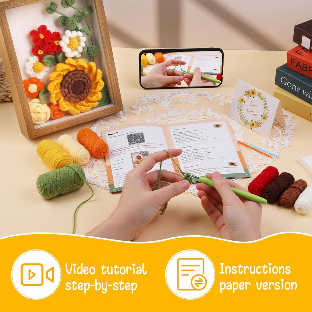 PATPAT DIY Crochet Kit Sunflower Oil Paint Crochet Material Kit with Photo Frame, Tools & Tutorials Starter Friendly DIY Crochet Gift Mother's Day Gift DIY Crochet Sunflower Photo Frame Material Kit