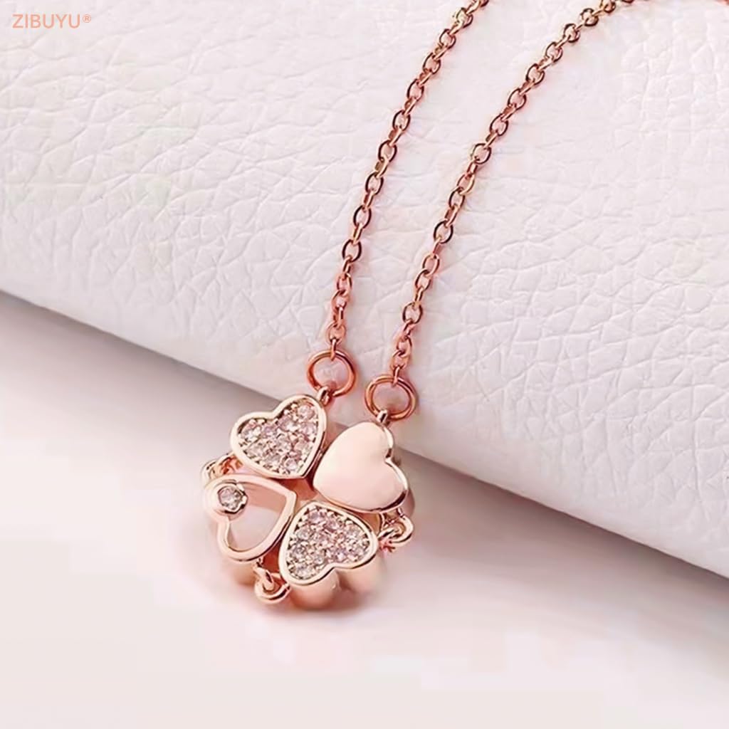 ZIBUYU Heart Necklace for Girls Women Rose Golden Alloy Four Leaf Clover Necklace for Women Transformable Pendant Jewelry Pendant for Gift Girlfriend & Birthday