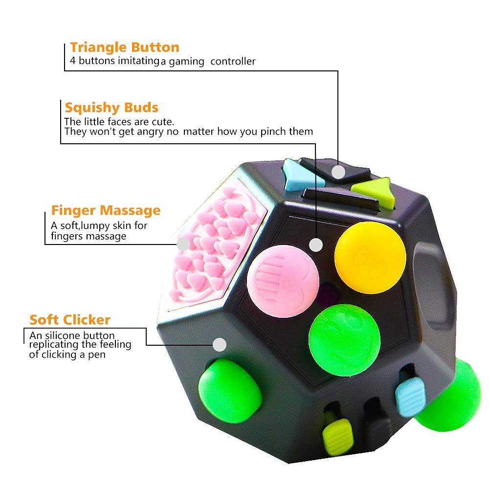 PATPAT 12 Sided Fidget Cube, Dodecagon Fidget Toys for Children and Adults Fidget Toy Stress and Anxiety Relief Depression Anti for All Ages with ADHD ADD OCD Autism (Black)