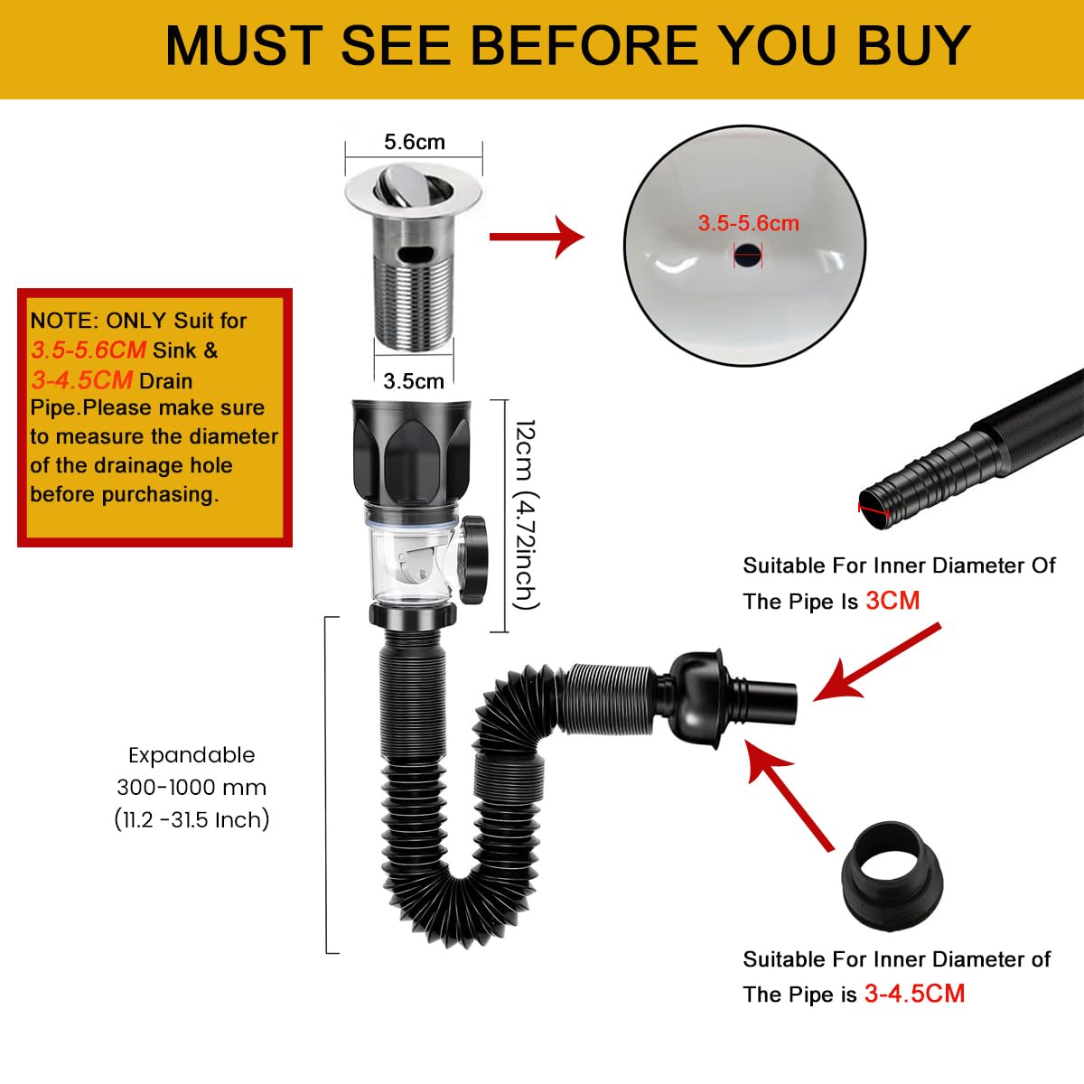 HASTHIP Sink Drain Kit with Flexible Expandable P-Trap Sink Drain Pipe Tube Anti-Odor Bathroom Sink Drain Pipe 3 in 1 Plumbing, Fits for 1-1/4'' & 1-1/2'' Drain Hole, For Kitchen Bathroom Sewer Drain