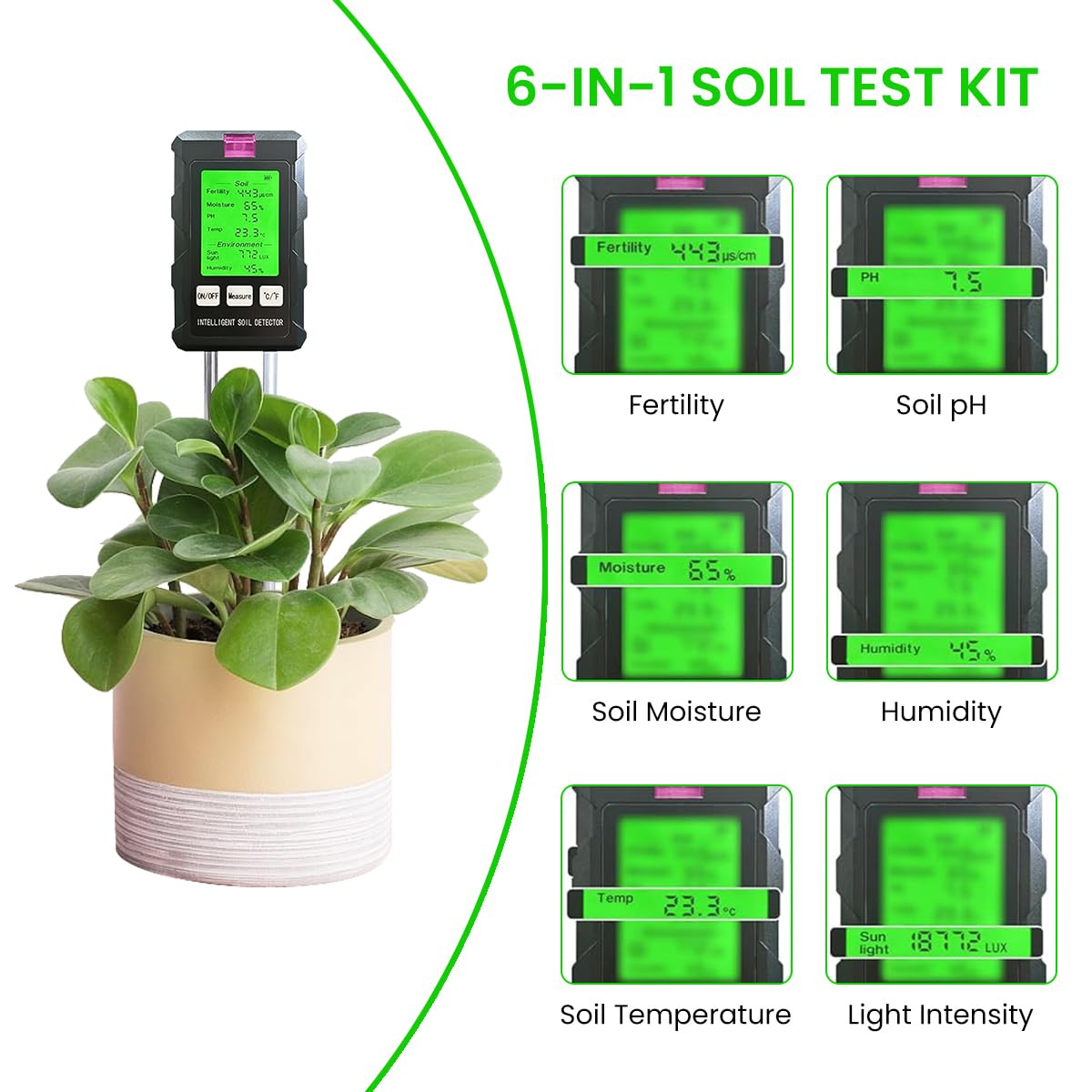 Serplex Soil Meter 6 in 1 Dual Probes Soil Meter for Moisture /Temp/PH/Humidity/Sunlight Intensity/Conductivity LCD Digital Soil Moisture Meter Precison Agriculture Soil Meter Battery Operated