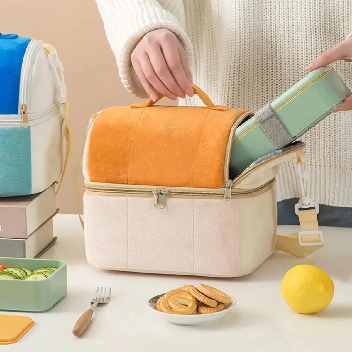 HASTHIP Large Lunch Bag Double Layer Thermal Insulation Lunch Bag Fashion Plush Bento Box Bag with Handle and Removable Shoulder Strap School Office Travel Camping Lunch Bag Bento Box Bag, 23x15x20cm