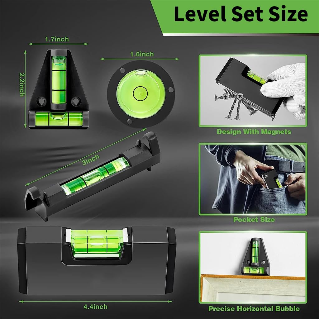 Serplex 4-In-1 Portable Small Level Bubble Tool Set Magnetic Pocket Level, T Level, Hanging Line Level, Circular Level, Bubble Spirit Levels Set Precision Magnetic Horizontal Bubble Level With Box