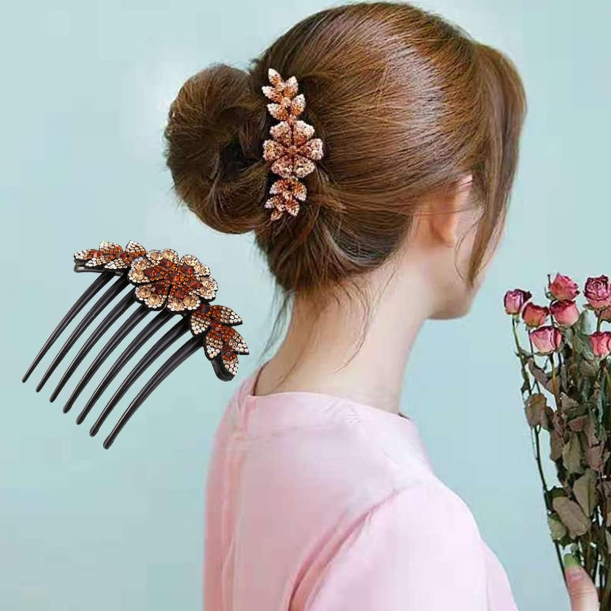 PALAY 2 Pack Hair Comb Clips for Hair for Women, Rhinestone Flower Hair Clips for Women Ladies, Stylish Slide Hairpins Bride Hair Bun Accessories