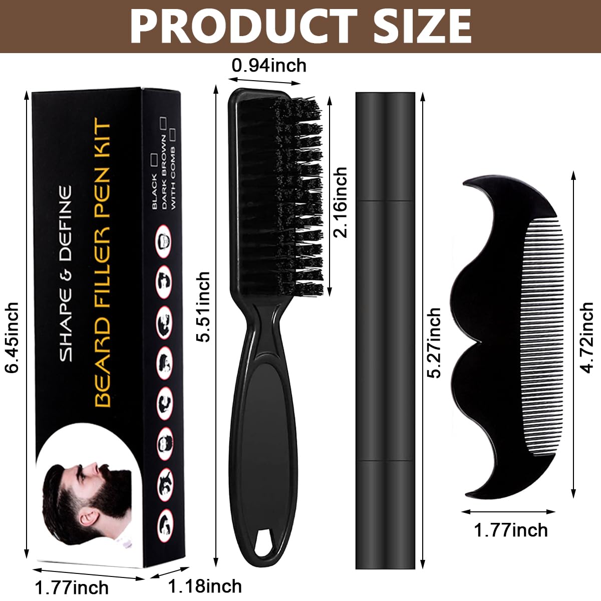 MAYCREATE Barber Beard Pencil Filler for Men Dual Tip 2 in 1 Beard Pencil with Comb & Brush for Beard Styling, Sweat Proof Beard Pencil Filler Mustache Kit for Beard, Mustache, Eyebrows (dark brown)