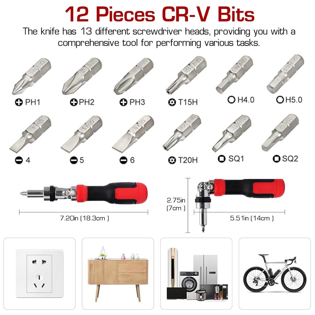 Serplex 13 in 1 Multi Screwdriver Tool Set Adjustable Angled Ratcheting Screwdriver 13pcs Chrome Vanadium Steel Bits with Bit Storage Design Portable Multi Screwdriver Household Tool Garage Tools