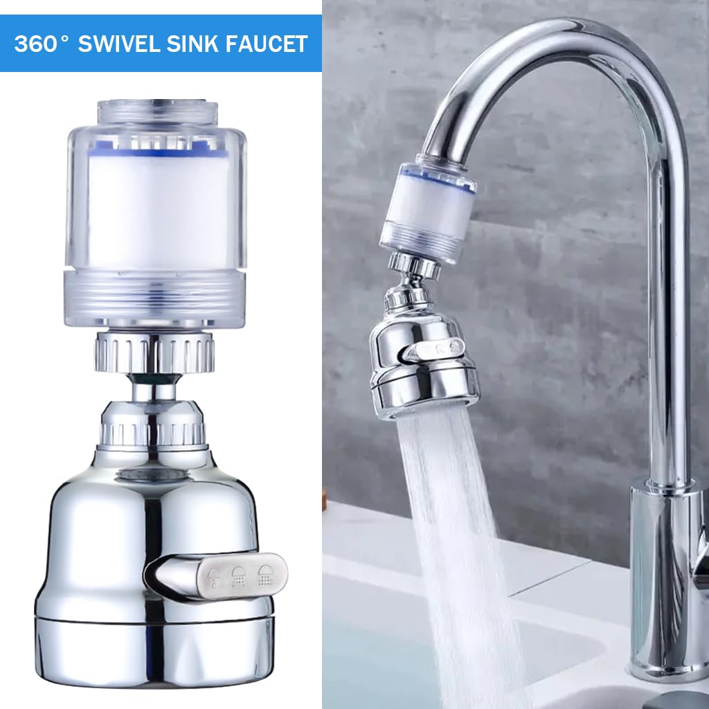 Supvox Faucet Filter Multifunctional Kitchen Sink Faucet Filter with 3 Modes 360 ° Rotatable Splash-Proof Faucet Filter Extender Facuet Filter Universal Water Faucet Filter with Multi Washer Adapters