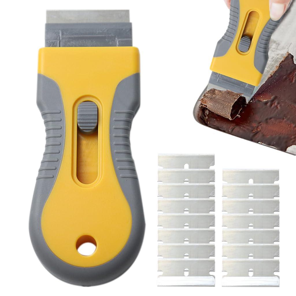 HASTHIP Retractable Metal Scraper with 15Pcs Blades - Stain & Glue Removal Tool, Wall Cleaning Scraper Razor Scraper Tool for Removing Stickers, Labels on Wall, Glass, Tiles