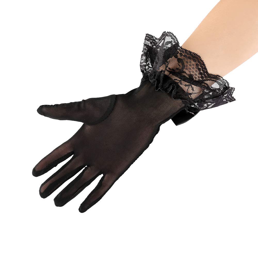 PALAY 1 Pair Lace Gloves for Women Girls Black Gloves,Butterfly Bow Design Elegant Bridal Short Mittens for Wedding Party Festival Photography