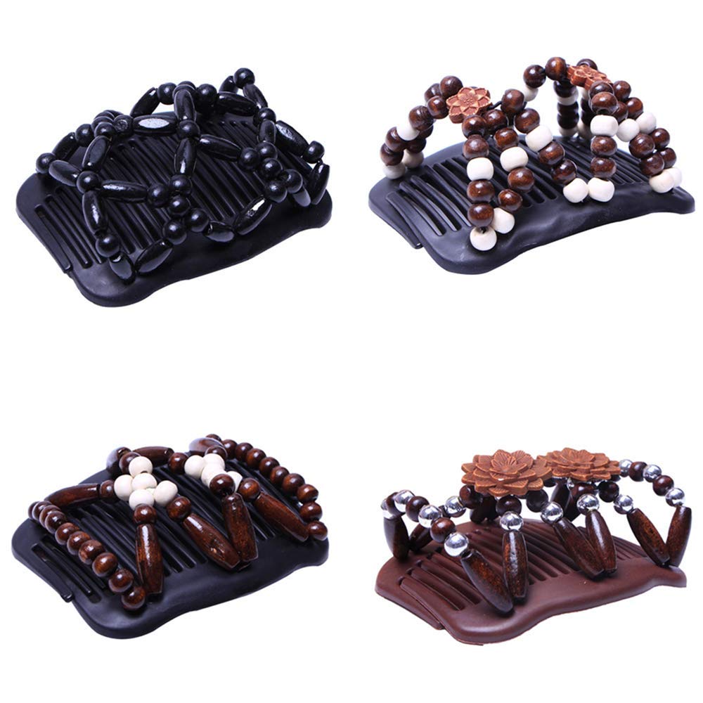 SANNIDHI 4Pcs Magic Hair Side Combs for Women Wood Beaded Hair Clips Stretch Double Hair Side Combs Clips Bun Maker Hair Accessories