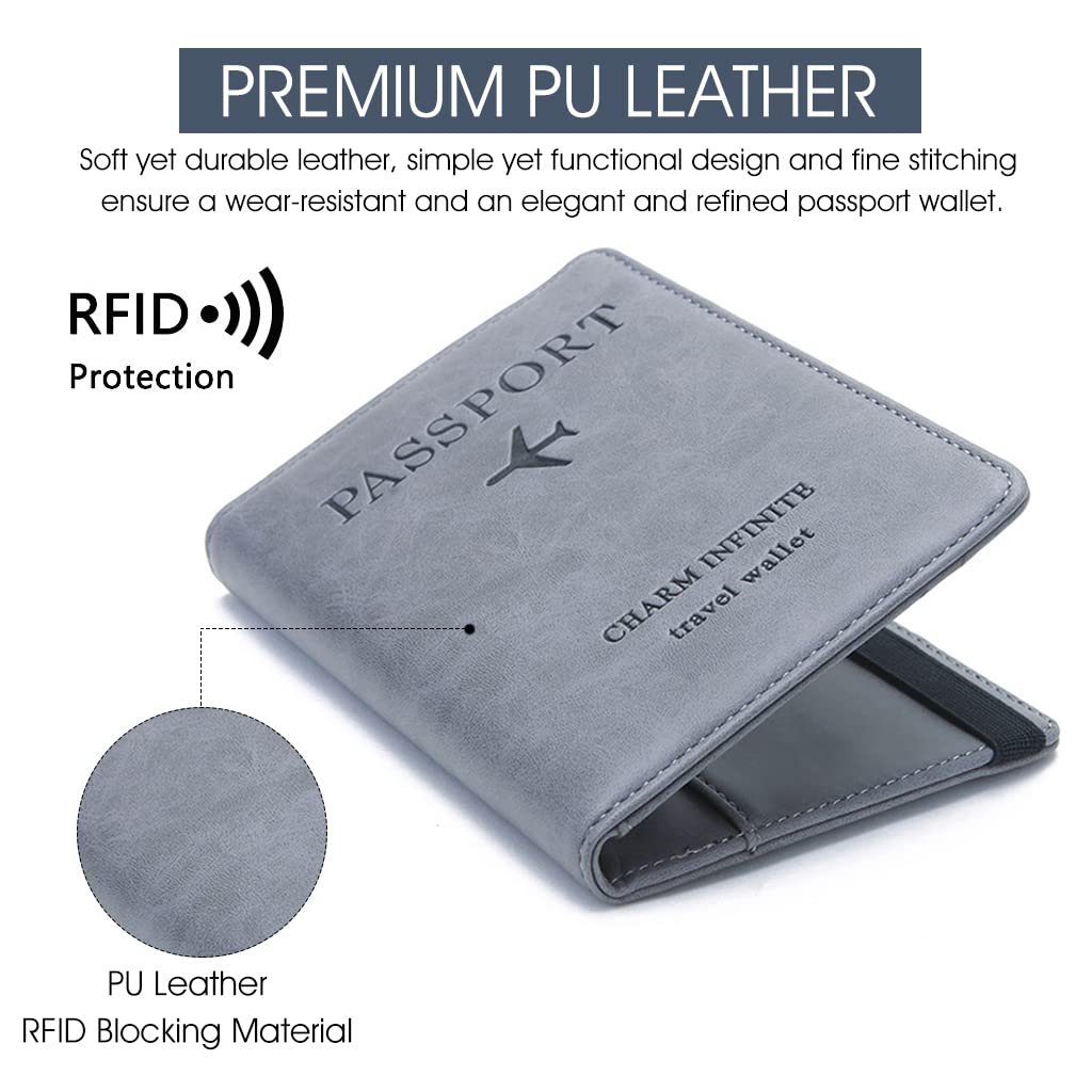 ZIBUYU Passport Cover for Men, Women Travel Stylish PU Leather Passport Holder for Women and Men RFID Wallet Cover Card Holder Passport Case Bag Card Holder Passport Case Cover for Women & Men - Grey