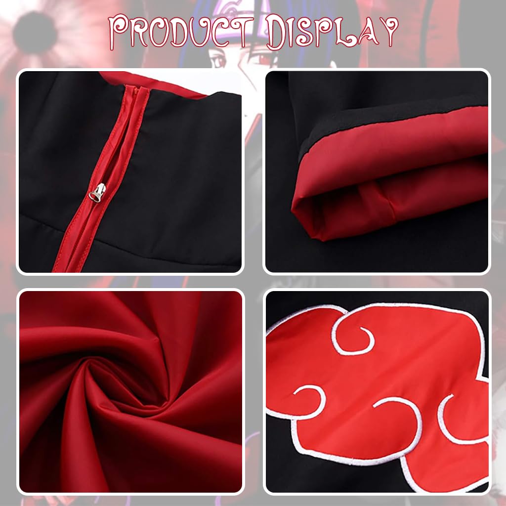 PATPAT Akatsuki Anime Cosplay Costumes for Women Men 4Pcs Set, Ninja Uchiha Itachi Cloak Long Robe for Adults Teens with Headband, Necklace & Ring for Halloween Cosplay Party (2XL)