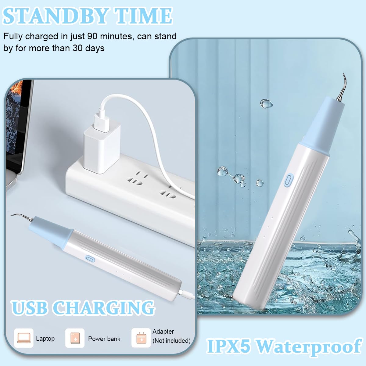 HANNEA Ultrasonic Plaque Remover Electric Tartar Remover with LED, 3 Working Modes, Cordless Electric Plaque Remover with 2 Bits and Oral Mirror, Remove Teeth Stain Tartar Plaque
