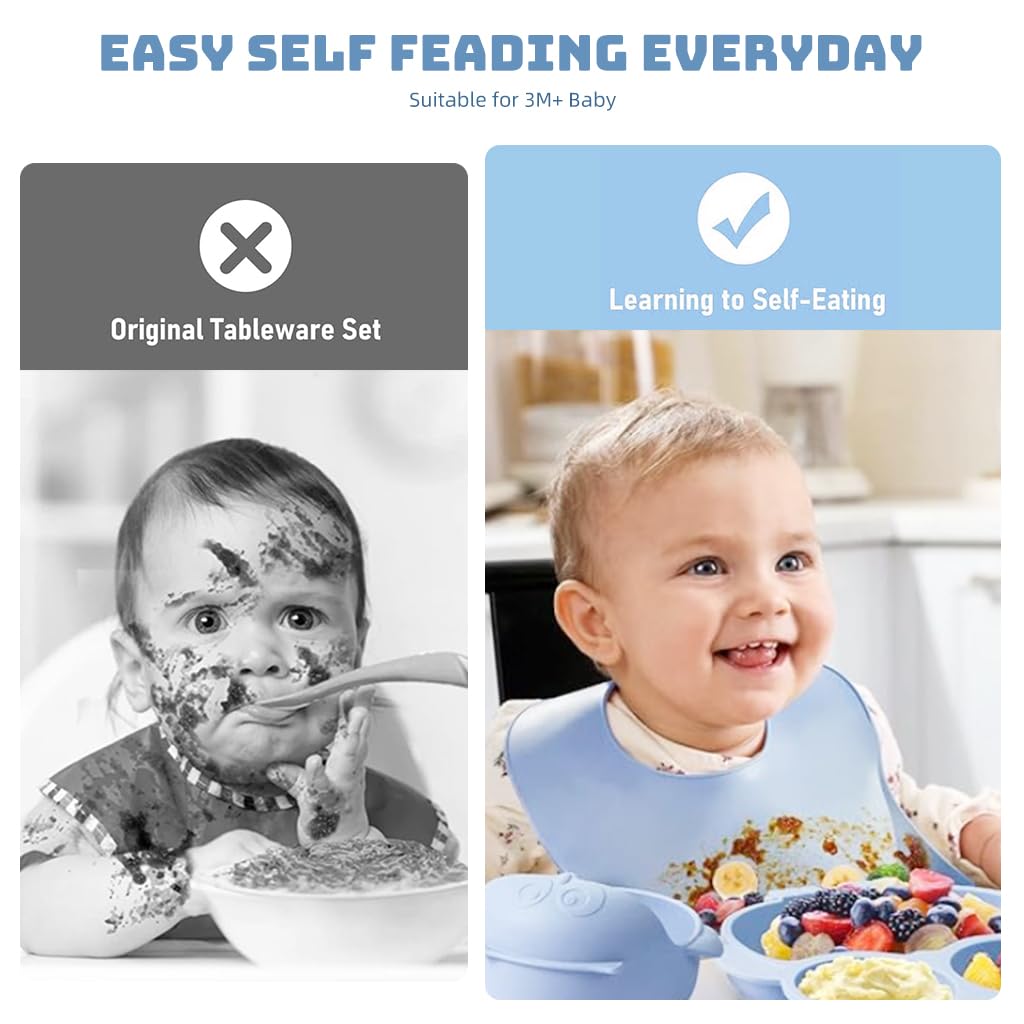 SNOWIE SOFT Baby Feeding Set of 10Pcs Food Grade Toddlers Silicone Food Plate Sipping Cup Bowl Set with Silicone Bib, Baby Cutleries, Self-Feeding Tableware Set for Toddlers, Sterilizable, Blue