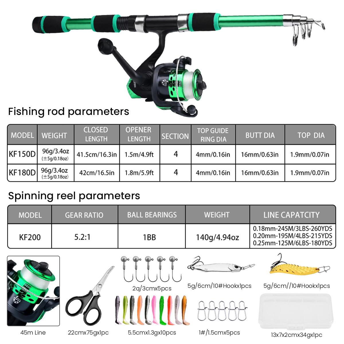 Proberos 1.8M Telescopic Fishing Rod, Fishing Rod and Reel Combo, Spinning Fishing Rod Bait Kit with Lifelike Artificial Hooks Fishing Lures, Suitable for sea fishing
