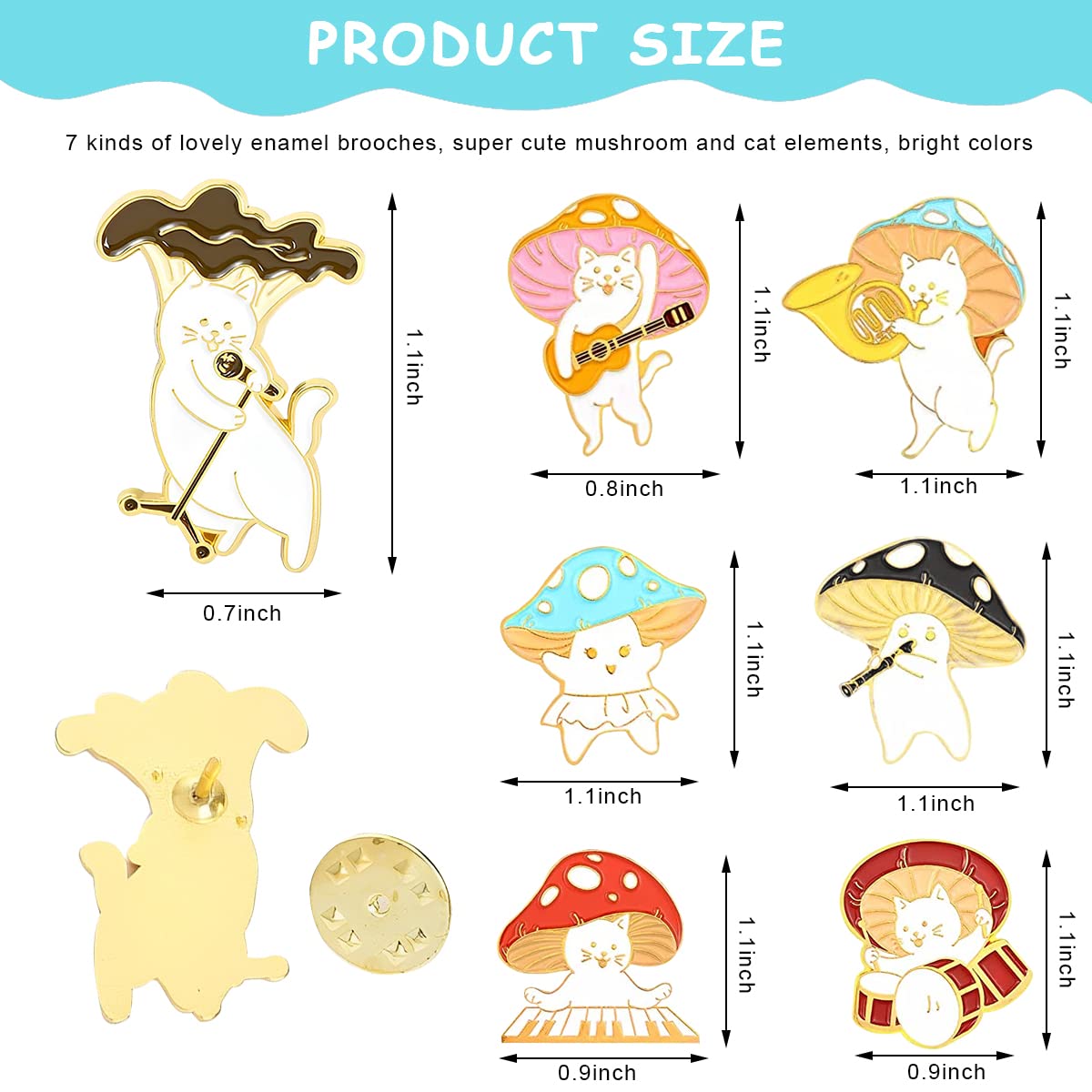 SANNIDHI 7PCS Enamel Brooch Pins Set Cute Alloy Lapel Pins Cartoon Cat Mushroom Pin Brooches Assorted Badges Pin for Clothes, Backpack, Hats, DIY Crafts