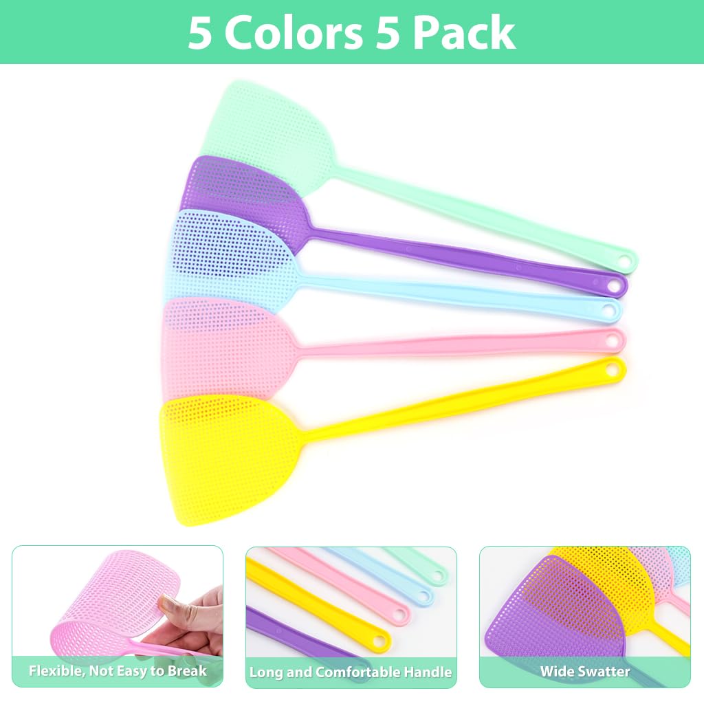 Supvox 5Pcs Fly Swatters, Plastic 17.5'' Long Handle Fly Swatter, Strong Flexible Durable Grid Plastic Fly Swatter for Kitchen, Home