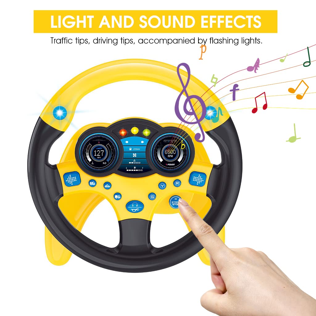 PATPAT Steering Wheel Toy for Kids, Music Driving Simulation Racing Play Learning Educational Toys for Baby Girls Boys 1-3 Years Old, Music Toy for Baby Steering Wheel Mountable on Crib (Yellow)