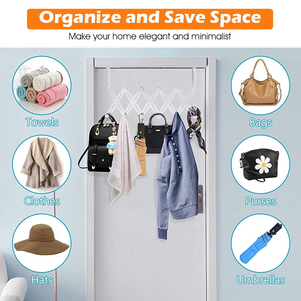 ZIBUYU Door Hook Hanger Stainless Steel Back Over Door Hanger for Clothes Rustproof Nail & Drill Free Multi-Purpose Hanger Door Hook with 6 Hooks Space Saving Foldable Door Hanger