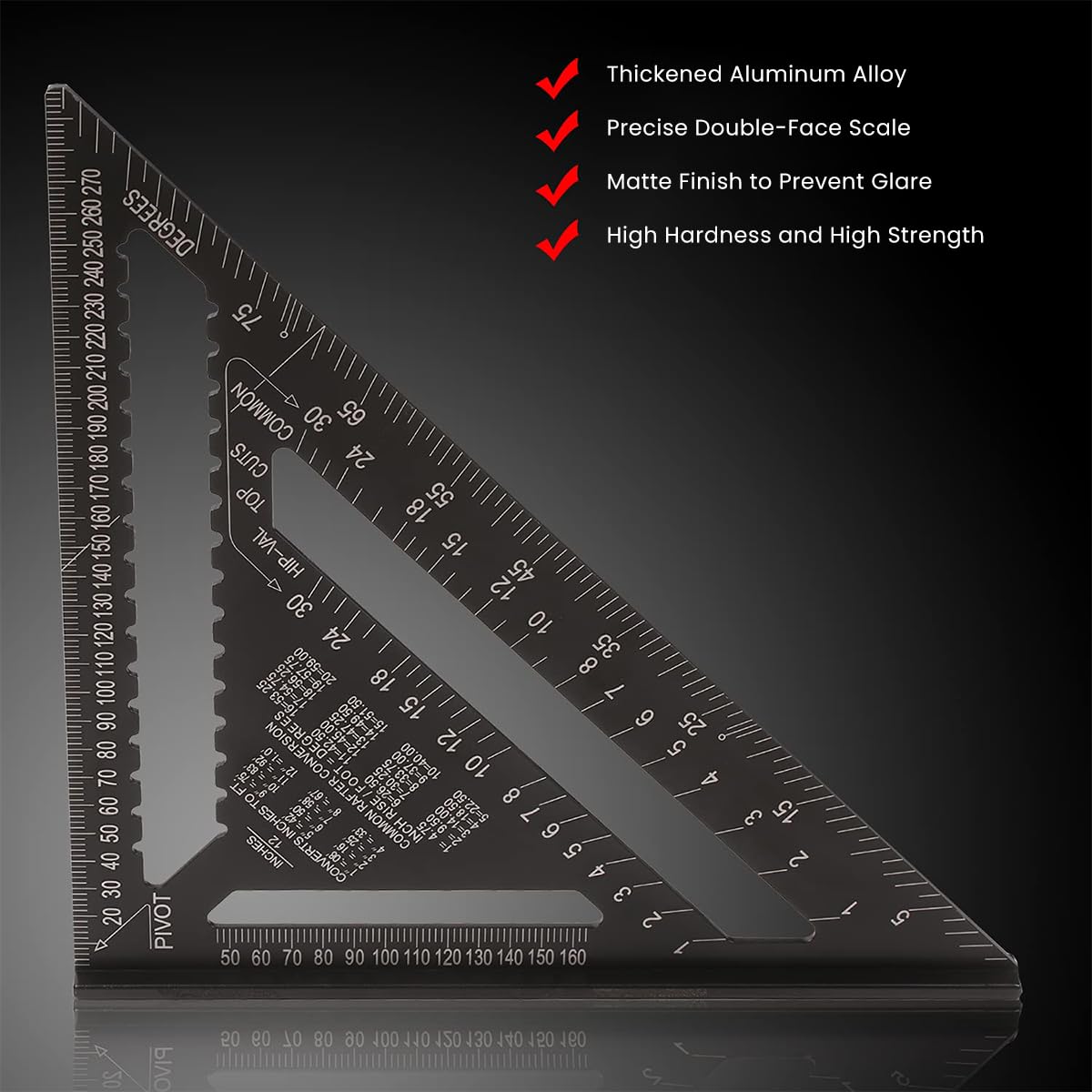 HASTHIP Scale Ruler, 12 Inch Accurate Carpentry Square Tools, Metric Triangle Ruler Square Protractor High Precision Aluminum Alloy Triangle Ruler Double Scale Miter Framing Measurement Ruler