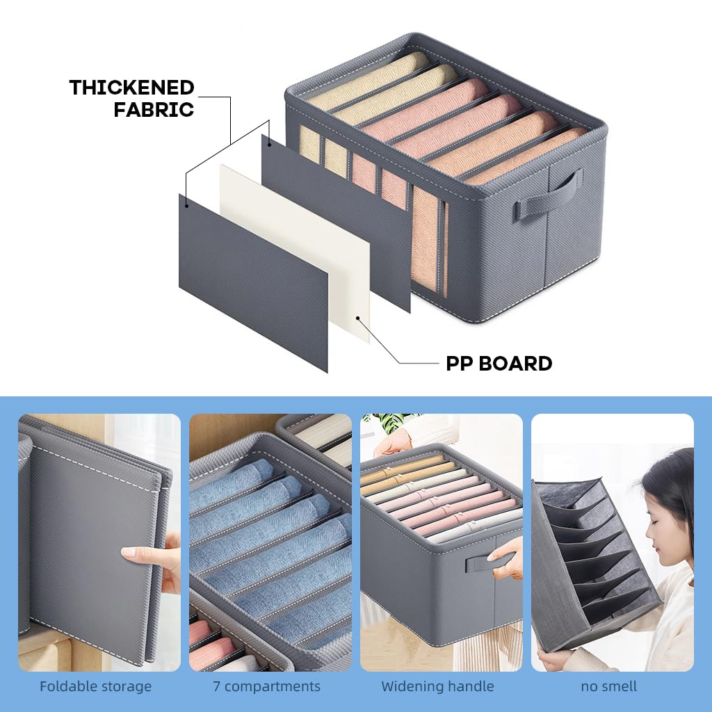 ZIBUYU 4Pcs Wardrobe Organizers 7-Compartment Wardrobe Organizer Drawer Clothes Organizer with Handle Wardrobe Organizers Clothes Storage Box for Trousers, Shirt, Pants, 44x25x22cm