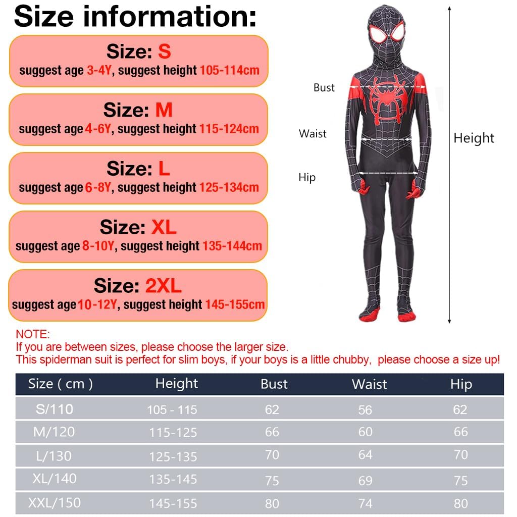 FANCYKU Spiderman Costume for Kids, Superhero 3D Lenses Spiderman Dress Black Spider Man Miles Morales Bodysuit, Silk-Feel Fabric Spider-Man Fancy Jumpsuit for Boys Gift Halloween Cosplay, Size XL