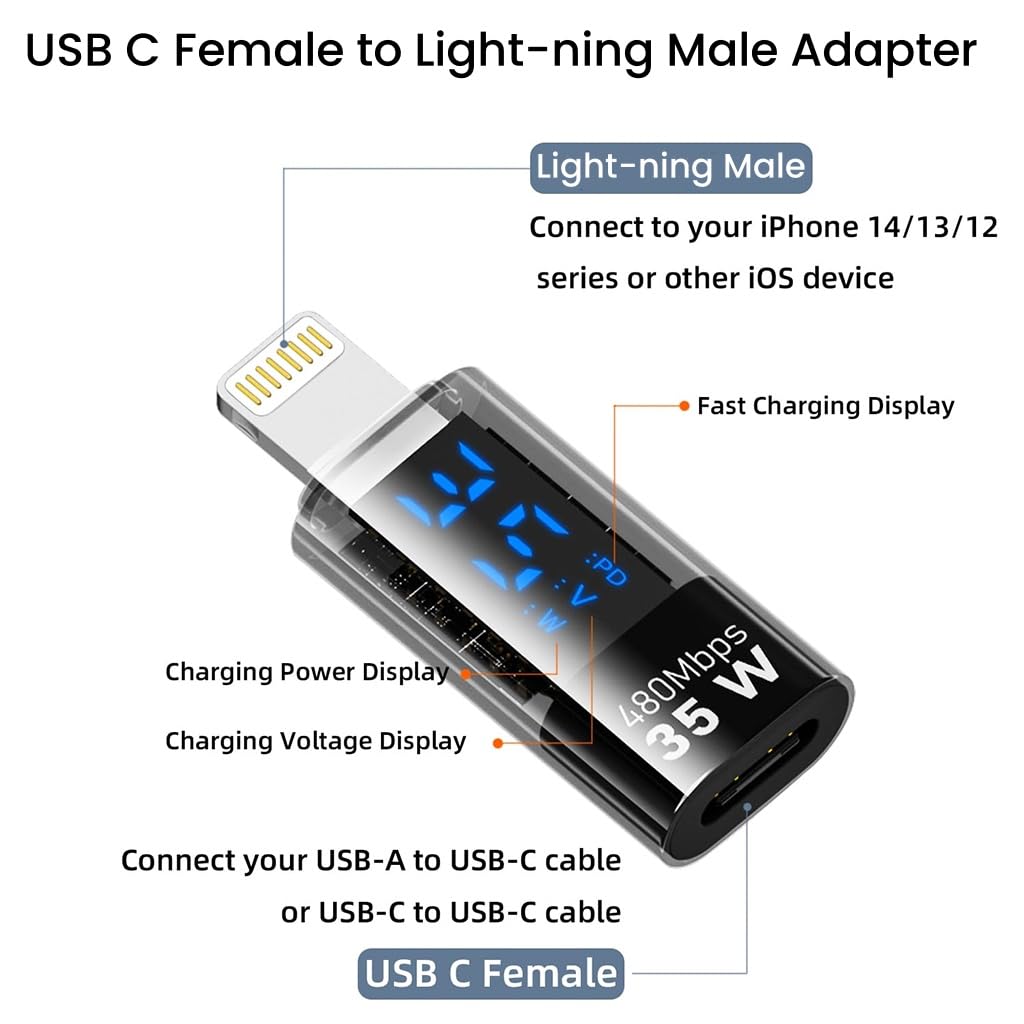 Verilux USB C to Light-ning Adapter with LED Display, Support PD 35W Fast Charging & 480Mbps Data Sync Real Time Power Display Universal USB C to Light-ning Connector for iPhone/iPad/iPod