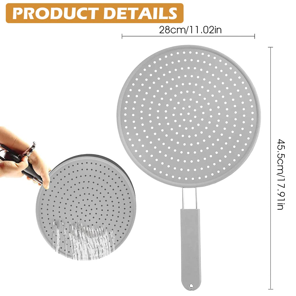 HASTHIP 11inch Frying Pan Non-Stick Cover, Silicone Splatter Screen Pan Cover with Heat Insulation Handle, Heat Insulation Cooling Mat, Strainer, Drain Board, Oil Splash Guard for Frying Pan