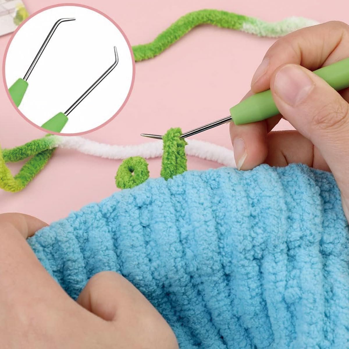 HASTHIP Loom Knit Hook Set, Crochet Needle Hook Kit, 8 Pcs Green Knitting Loom Hooks with 12 Pcs Colorful Plastic Sewing Needles