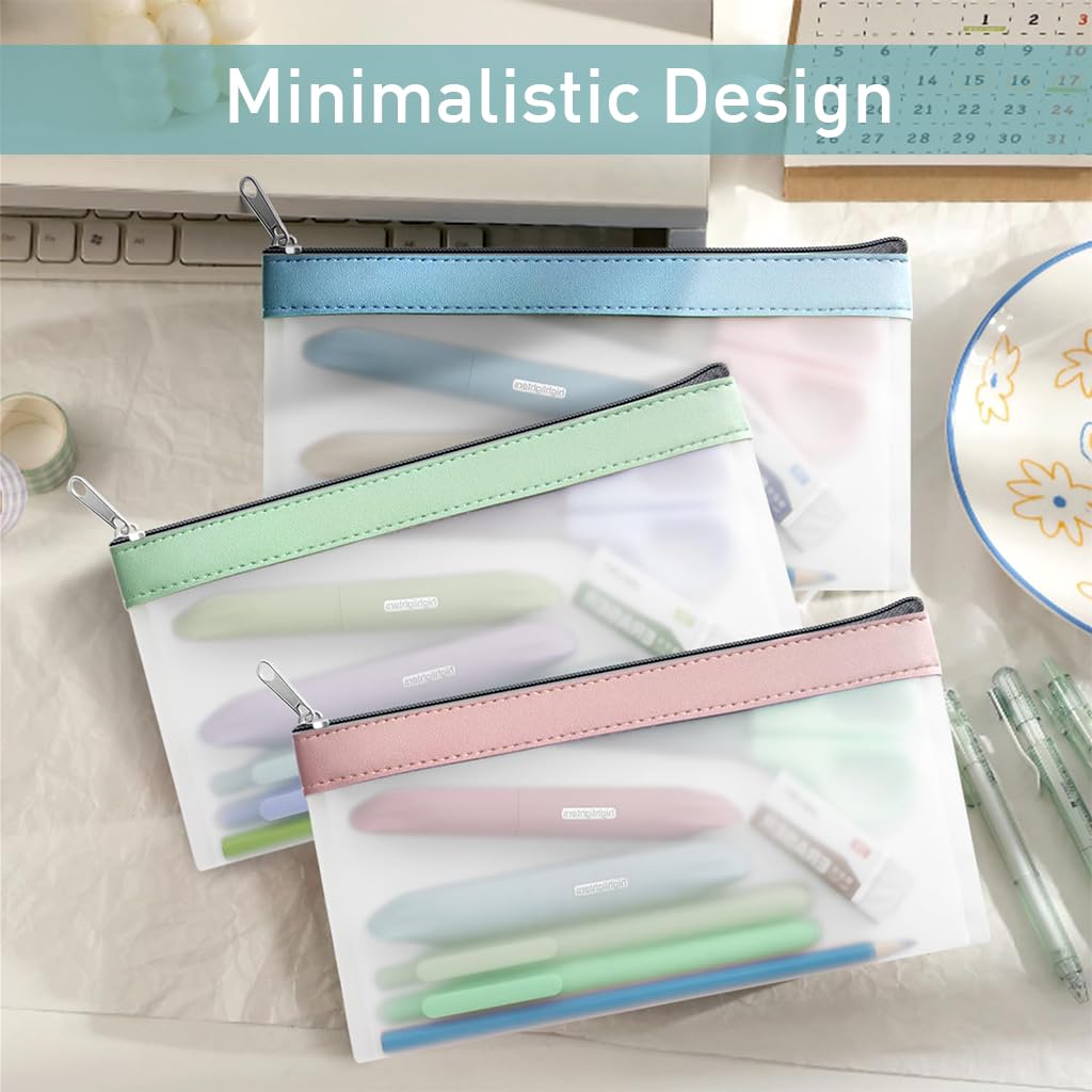 HASTHIP Pencil Pouches Set of 3Pcs PVC Semi-transparent Matte Pencil Pouches Pencil Case Students Pencil Pouches for School Office Stationeries Storage Pouches Waterproof Utility Pouches, 8.2