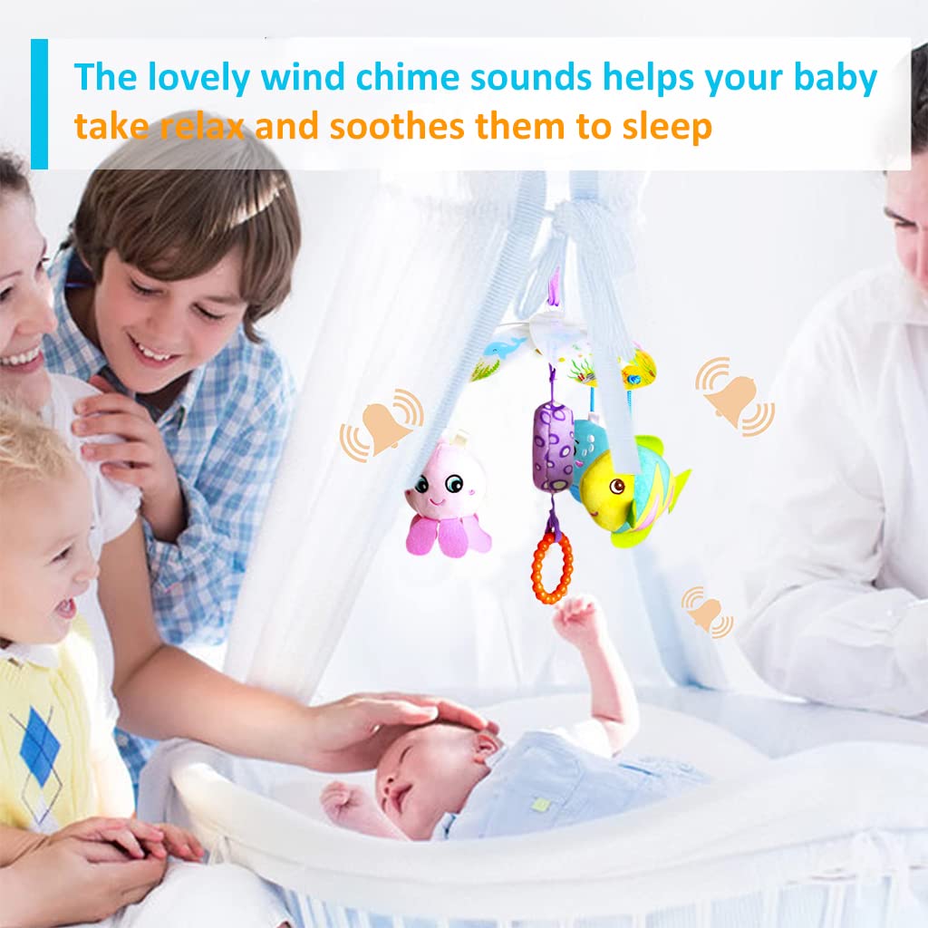 PATPAT Hanging Toys for Babies 0-6 Months, New Born Baby Toys Rattle Crinkle Soft Toys Car Seat Plush Stroller Toy with Teethers Plush Animal C-Clip Ring for Infant Babies 3 6 9 to 12 Months - Ocean