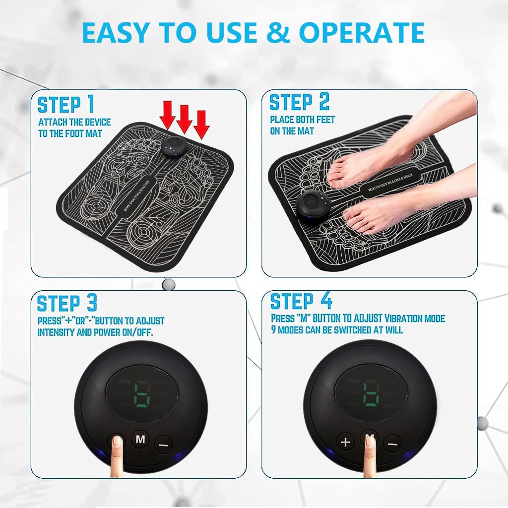 HANNEA Electric Foot Sole Massager Pad, EMS Foot Sole Massager Pad, Feet Massage Pad Relieve Feet Pain, Rechargeable Foot Sole Massager Pad with 6 Modes, 9 Strength Levels, 15min Auto Off