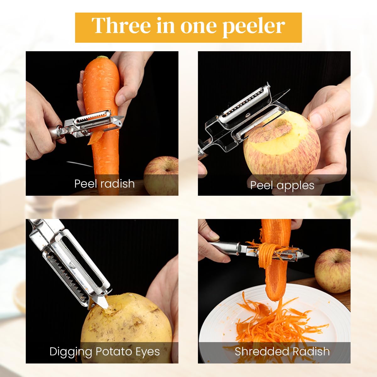 Supvox 3 in 1 Multifunctional Vegetable, Fruit Peelers, Stainless Steel Peeler for Potato Apple, Veggies Carrot Kiwi Cucumber Sweet Potato- 2 Pack