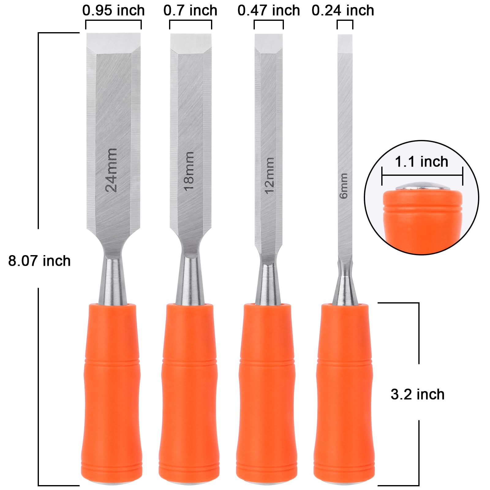 Serplex 4Pcs Woodwork Chisel Set Mortise Chisels Tools Set, Wood Chisels for Woodworking with Steel Hammer End, Wood Tools Chisel Set Woodworking with Anti-slip Handle, 6mm, 12mm, 18mm, 24mm