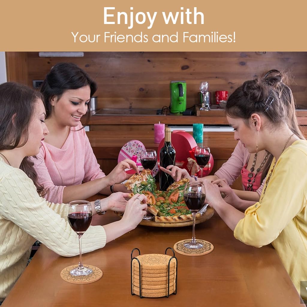 HASTHIP 12Pcs Mandala Coaster Cork Mandala Embossing Coasters 3.9 Inches Cup Coasters with Coaster Organizer Rack Home Gift Aesthetic Home Coasters for Tea Cups, Coffee Cups, Mug
