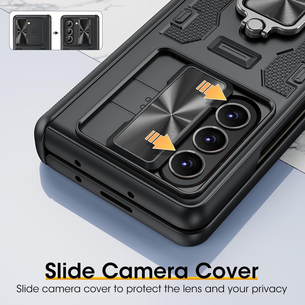 ZORBES Phone Case for Samsung Galaxy Z Fold 5, Protective Case with Slide Camera Lens Cover & Screen Protector Built-in 360° Rotatable Kickstand Full Protective Phone Cover for Samsung Z Fold 5