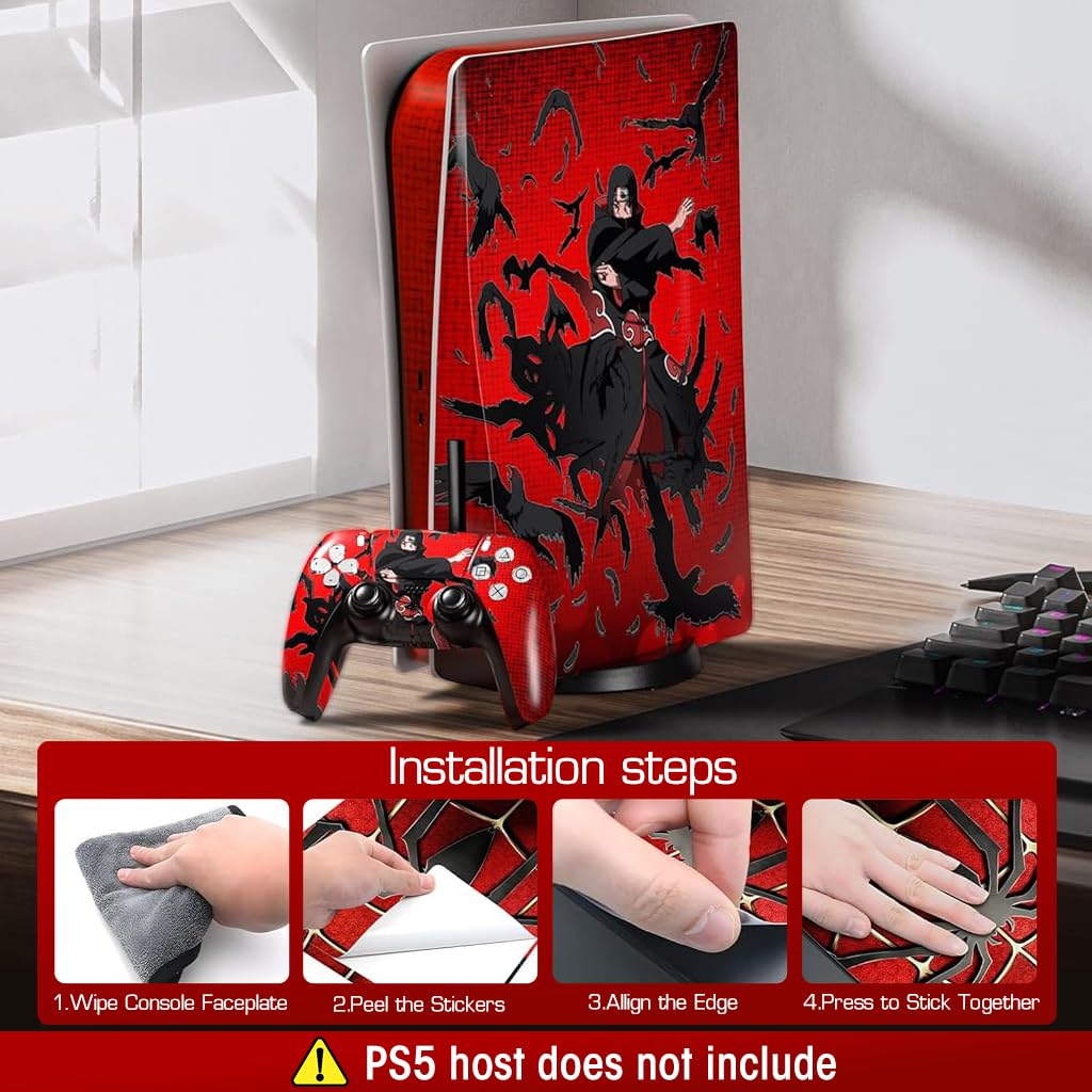 ZORBES Skin Cover Sticker for PS5 Disc Edition Game Console and Controller Uchiha Itachi Cartoon Skin Cover Vinyl Sticker Anti-Scratch Sticker for PS5 Disc Edition Anime Game Console and Controller