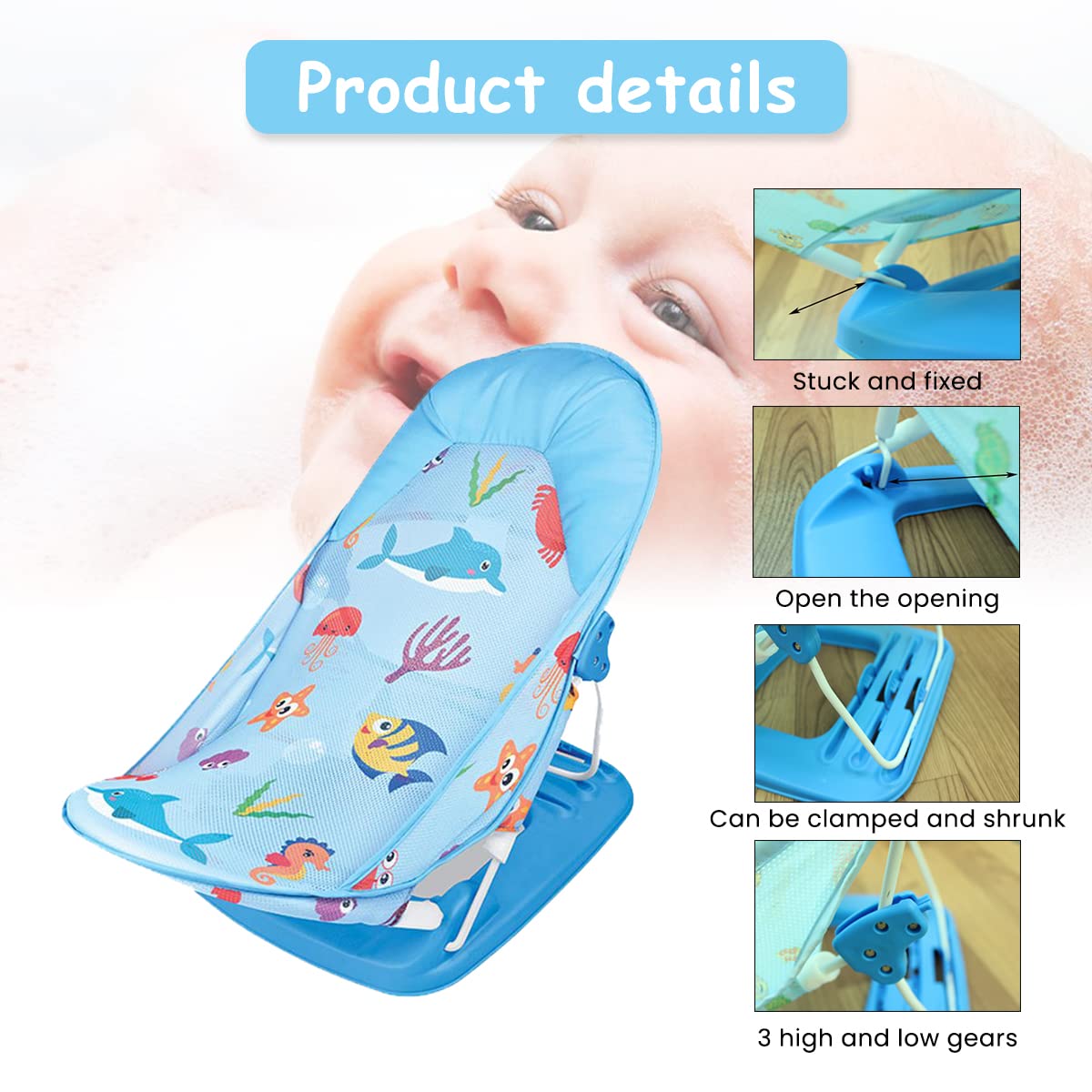 SNOWIE SOFT Baby Bath Chair for Baby 0 to 2 Years, Foldable and Adjustable Baby Bather for New Born Baby, Washable Soft Mesh, Large Seat, 3 Height Adjustable