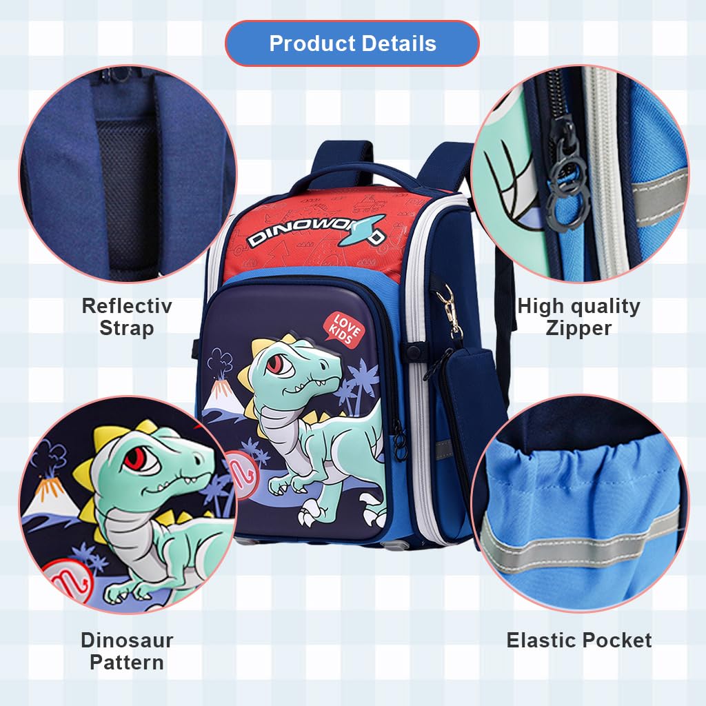 PALAY Boys School Backpack Dinosaur Cartoon Backpack with Pencil Pouch Primary Bookbag Boys Backpack for School, Travel, Burden-relief Backpack School Gift